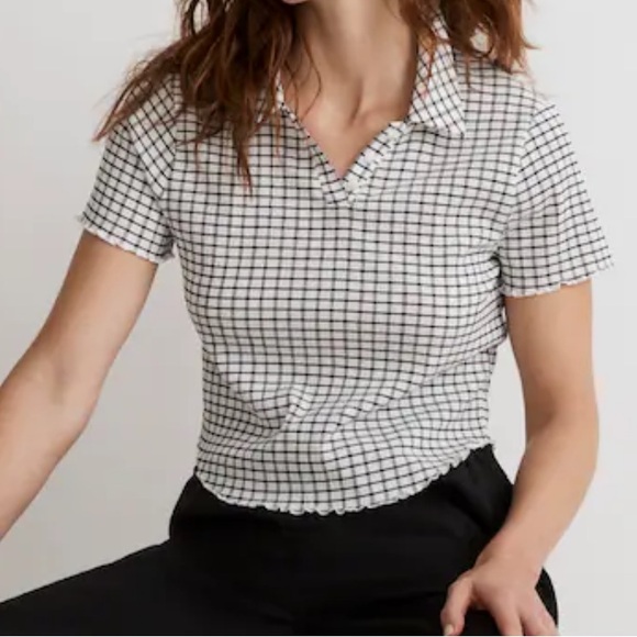 Madewell Crinkle Polo Crop Tee Windowpane / Lighthouse Color-way - Picture 1 of 5